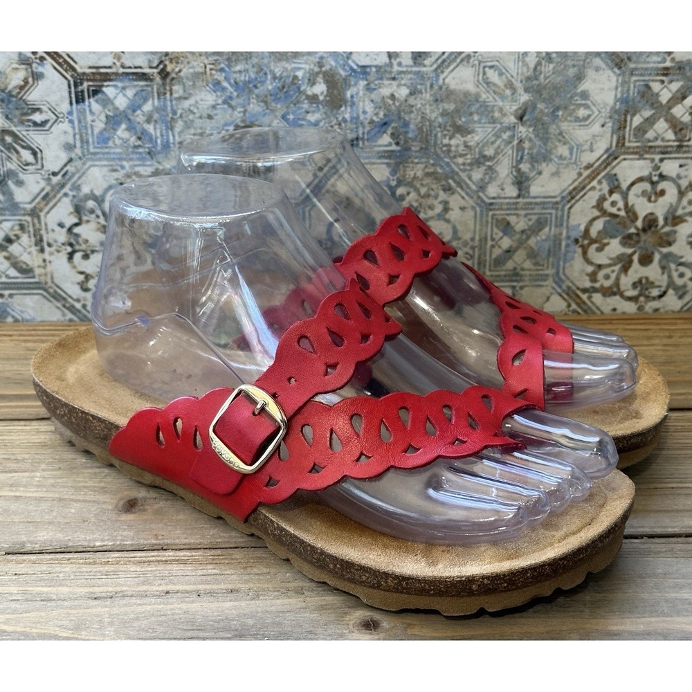 Yokono Sandals Red Leather Slip On Buckle Women's Sz 7.5